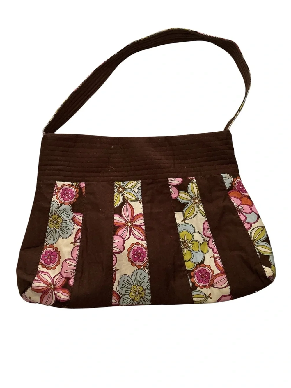 Quilted Floral Panel Shoulder Bag - Brown & Pink